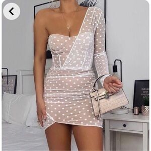 White Fox Fusion Sour One Shoulder White Mesh Polka Dot Mini Dress Ruched Sz